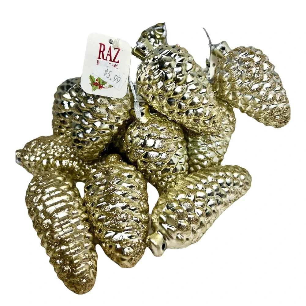 16 RAV Inports Vintage Pinecone Christmas Tree Ornaments Glitter Silver Gold NEW